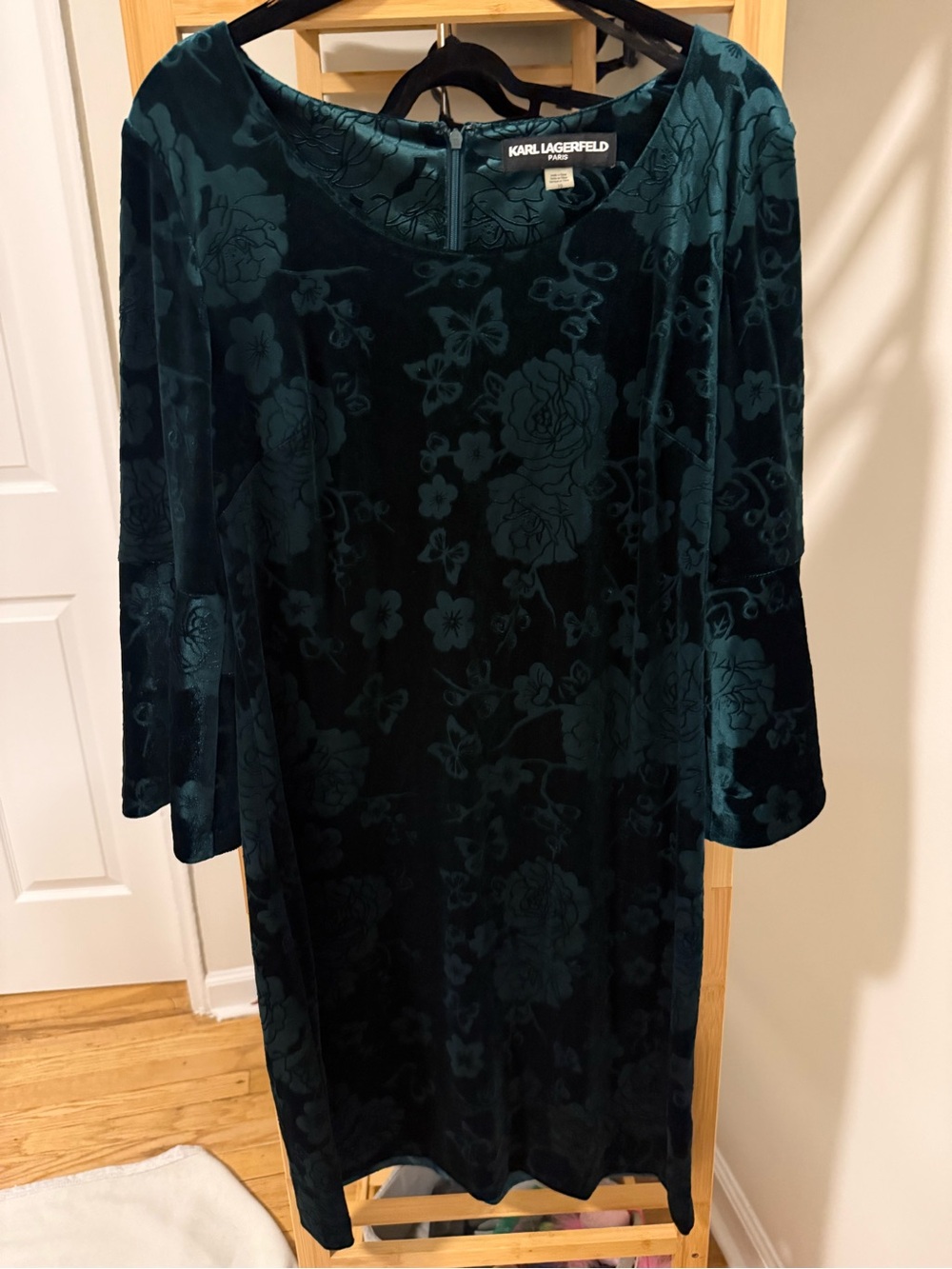 Karl Lagerfeld Teal Floral Velvet Midi Dress